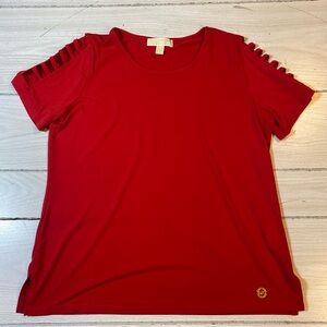 Michael Kors Shirt Womens Large Red Cold Shoulder Top Short Cap Sleeve